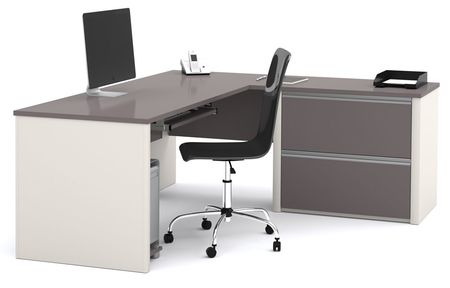 Bestar L Shaped Desk, 82.9" D, 71.1" W, 30.4" H, Slate/Sandstone, Melamine 93862-59