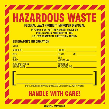 Brady Hazardous Waste Label, 6 In. H, PK50 121155