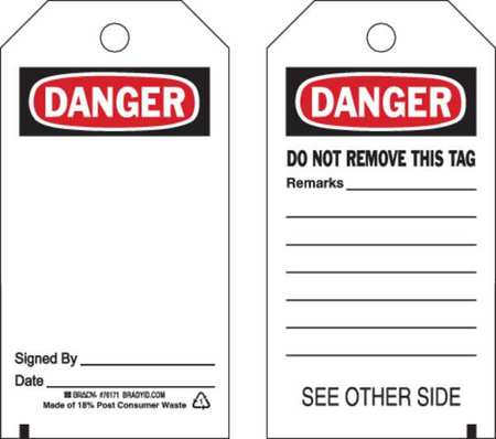 BRADY Danger Tag, 5-3/4 x 3 In, OSHA, Met, PK25 65347