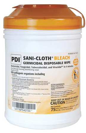 Pdi Disinfecting Wipes, White, Canister, 75 Wipes, 10 1/2 in x 6 in, Bleach PSBW077072