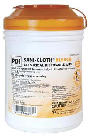 PDI Disinfecting Wipes, White, Canister, 75 Wipes, 10 1/2 in x 6 in, Bleach PSBW077072