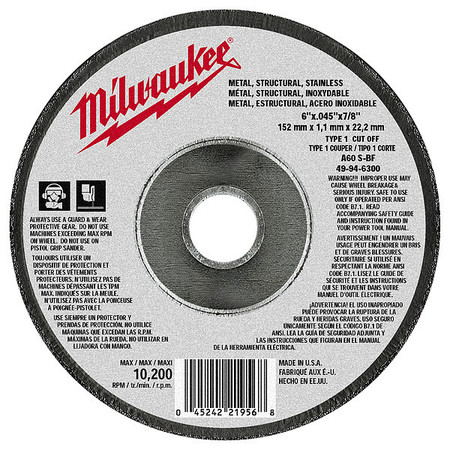 Milwaukee Tool 6 in. x .045 in. x 7/8 in. Type 1 Abrasive Metal Cut-Off Wheel 49-94-6300