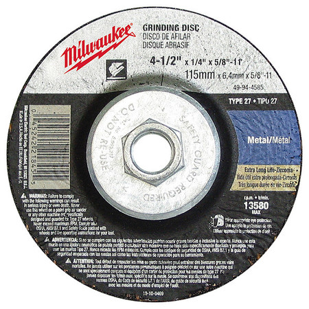 Milwaukee Tool 4-1/2" x 1/8" x 5/8-11" Grinding Wheel (Type 27) 49-94-4525
