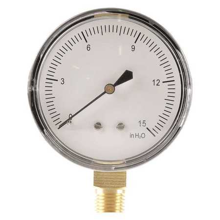 Zoro Select Pressure Gauge, 0 to 15 in wc, 1/4 in MNPT, Steel, Black 18C783