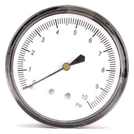 ZORO SELECT Pressure Gauge, 0 to 10 psi, 1/4 in MNPT, Steel, Black 18C791