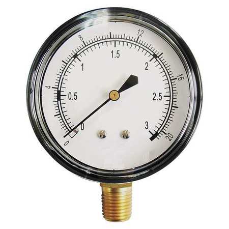 Zoro Select Pressure Gauge, 0 to 10 in wc, 1/4 in MNPT, Steel, Black 18C782