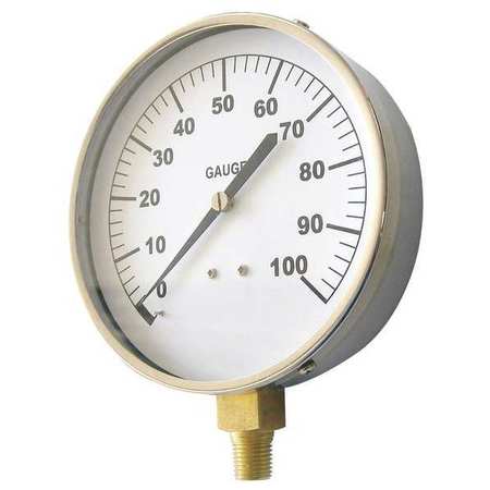 Zoro Select Pressure Gauge, 0 to 100 psi, 1/4 in MNPT, Stainless Steel, Silver 18C749