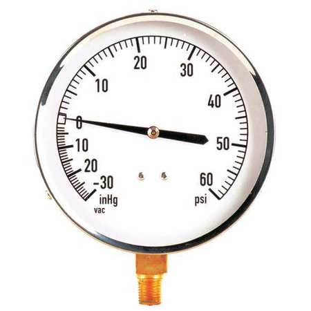 ZORO SELECT Compound Gauge, -30 to 0 to 60 in Hg/psi, 1/4 in MNPT, Stainless Steel, Silver 18C742