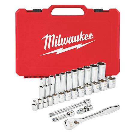 Milwaukee Tool 3/8" Drive Socket Set SAE 28 pc. Pieces 1/4 in to 1 in , Chrome 48-22-9408