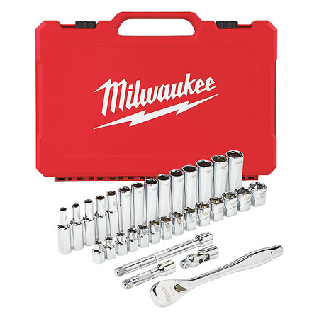 Milwaukee Tool 3/8" Drive Socket Set Metric 32 pc. Pieces 6 mm to 19 mm , Chrome 48-22-9508