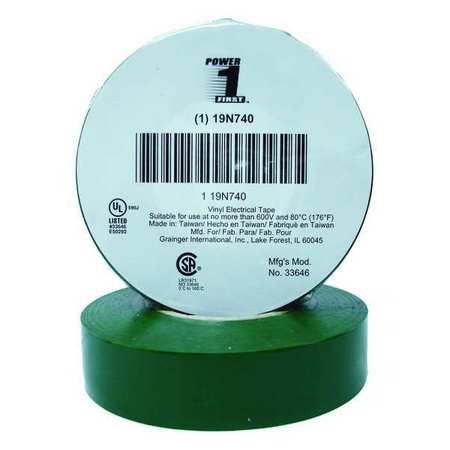 Zoro Select Electrical Tape, 7 mil, 3/4" x 66 ft., Green 19N740