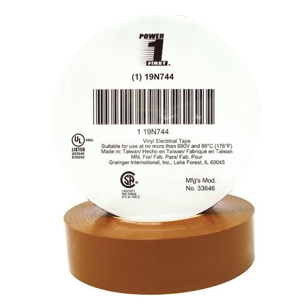 Zoro Select Vinyl Electrical Tape, 3/4 in W x 66 ft L, 7 mil thick, Brown, 1 Pack 19N744