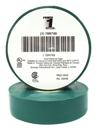 Zoro Select Electrical Tape, 7 mil, 3/4" x 60 ft., Green 19N749