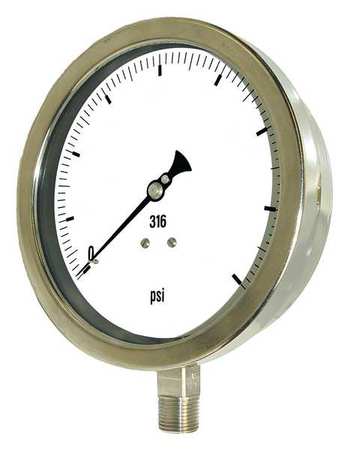 PIC GAUGES Pressure Gauge, 0 to 300 psi, 1/2 in MNPT, Stainless Steel, Silver 6001-2LH