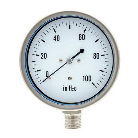 PIC GAUGES Pressure Gauge, 0 to 100 in wc, 1/2 in MNPT, Stainless Steel, Silver LP1-SS-402-100