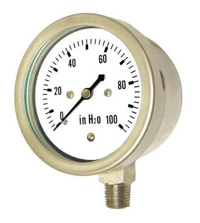 Pic Gauges Pressure Gauge, 0 to 100 in wc, 1/2 in MNPT, Stainless Steel, Silver LP1-SS-402-100