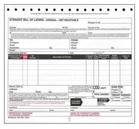 JJ KELLER Bill of Lading Form, Reg Compliance, PK250 967