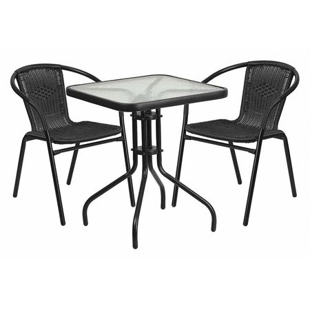 Flash Furniture Lila 23.5'' Square Glass Metal Table with 2 Black Rattan Stack Chairs TLH-0731SQ-037BK2-GG