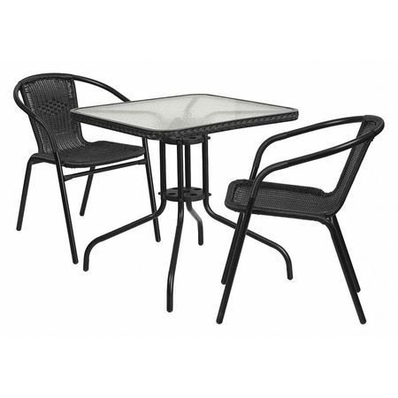 Flash Furniture Square Table Set, 28 W, 28 L, 28 H, Aluminum, Glass, Metal, Plastic, Rattan Top, Clear TLH-073SQ-037BK2-GG