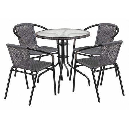 Flash Furniture Round Table Set, 28.75 W, 28.75 L, 28 H, Aluminum, Glass, Metal, Plastic, Rattan Top, Clear TLH-087RD-037GY4-GG