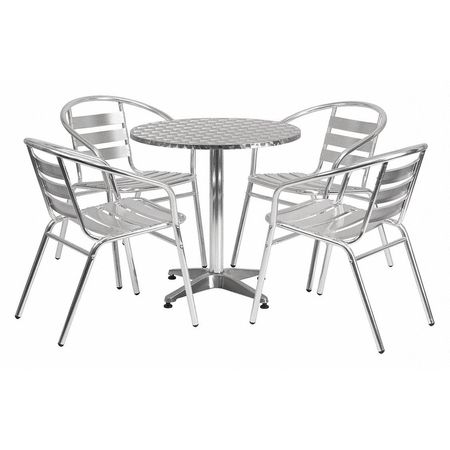 Flash Furniture Round Table Set, 27.5 W, 27.5 L, 27.5 H, Aluminum, Plastic, Stainless Steel Top, Grey TLH-ALUM-28RD-017BCHR4-GG