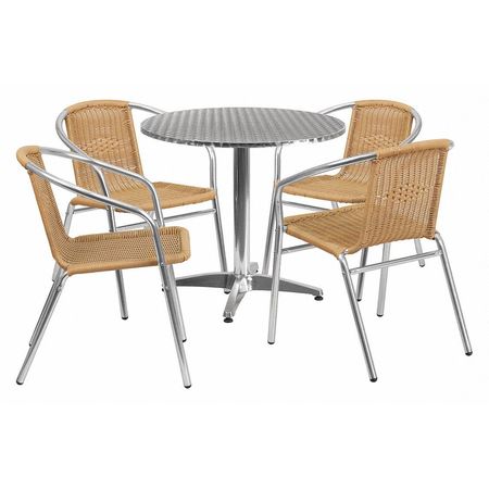 Flash Furniture Round Table Set, 31.5 W, 31.5 L, 27.5 H, Aluminum, Plastic, Rattan, Stainless Steel Top, Grey TLH-ALUM-32RD-020BGECHR4-GG