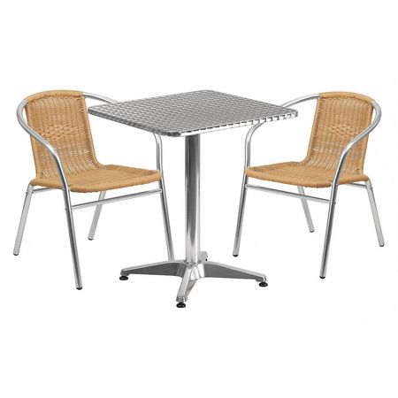 FLASH FURNITURE Square Table Set, 23.5 W, 23.5 L, 27.5 H, Aluminum, Plastic, Rattan, Stainless Steel Top, Grey TLH-ALUM-24SQ-020BGECHR2-GG