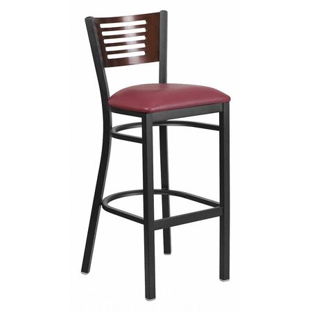 FLASH FURNITURE Slat Stool, Blk/Walnut, Burgundy Vnyl Sea XU-DG-6H1B-WAL-BAR-BURV-GG