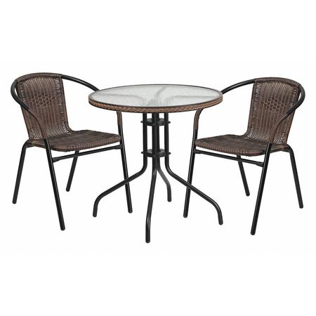 Flash Furniture Round Table Set, 28.75 W, 28.75 L, 28 H, Aluminum, Glass, Metal, Plastic, Rattan Top, Clear TLH-087RD-037BN2-GG