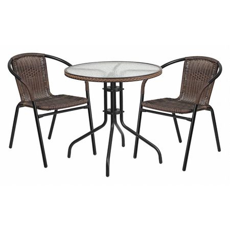 FLASH FURNITURE Round Table Set, 28.75 W, 28.75 L, 28 H, Aluminum, Glass, Metal, Plastic, Rattan Top, Clear TLH-087RD-037BN2-GG