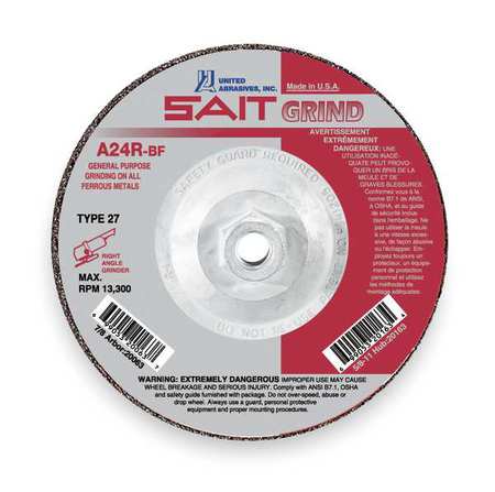 UNITED ABRASIVES/SAIT Depressed Center Grinding Wheel, 27, 9" Dia, 1/4" Thick, 5/8"-11 Arbor Hole Size, Aluminum Oxide 20096