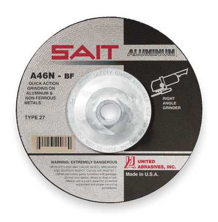 United Abrasives/Sait Depressed Center Wheels, 27, 7" Dia, 1/4" Thick, 5/8"-11 Arbor Hole Size, Aluminum Oxide 20088