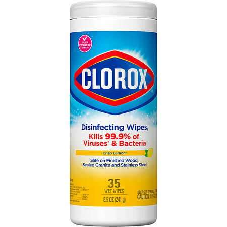 Clorox Disinfecting Wipes, Canister, Hard, Non Porous Surfaces, 35 Wipes, 7 in x 8 in, White, Lemon, 12 Pk 01594