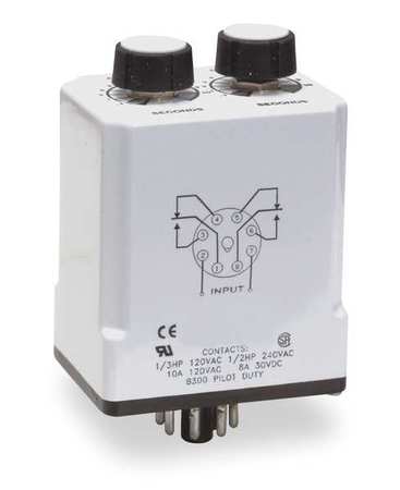 Dayton Time Delay Relay, 120VAC/DC, 10A, DPDT, Mounting - Relay: Plug In 1EGD2