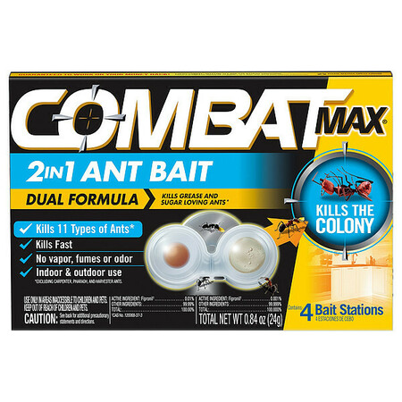 COMBAT 2-in-1 Ant Bait, Clear, 4 7/8 in W, PK8 07172