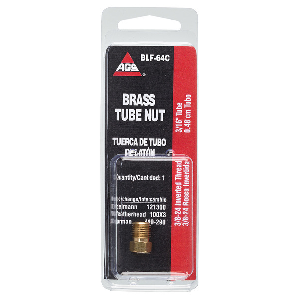 Ags Brass Tube Nut, 3/16 Tube (3/8-24 Inverted), 1/card BLF-64C