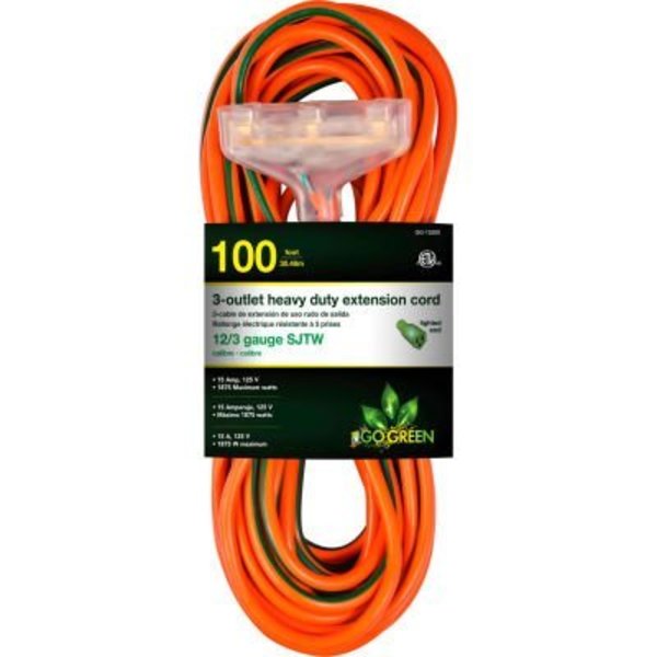 Gogreen GoGreen Power, 12/3 100' 3-Outlet Heavy Duty Extension Cord,  GG-15200, Lighted End GG-15200