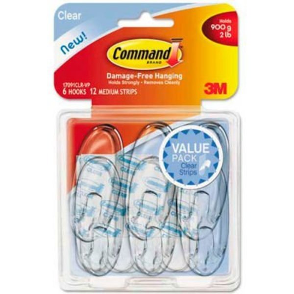3M 3M Command„¢ Clear Hooks & Strips, Plastic, Medium, 6 Hooks w/ 12  Adhesive Strips per Pack 17091CLR6ES