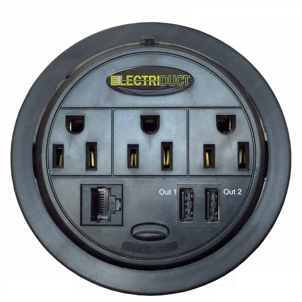 Electriduct PowerTap Grommet Power Data Center(3 Pwr, 2 USB, 1 CAT5e)-  Black PDC-SW-GMPT-ED-2PACK