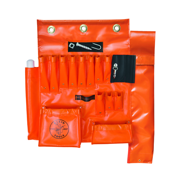 Klein Tools Tool Apron, Aerial Apron with Hot Stick Pocket, Orange, vinyl, 16 Pockets 51829MHS