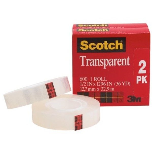 Scotch Trans Tape 600H2, Clear, 1/2x36yd, PK48 600H2