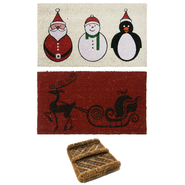 Rubber-Cal "Outdoor Christmas Doormat Kit" - 2 Coco Coir Doormats & 1 Herringbone Boot Scraper 10-108-005