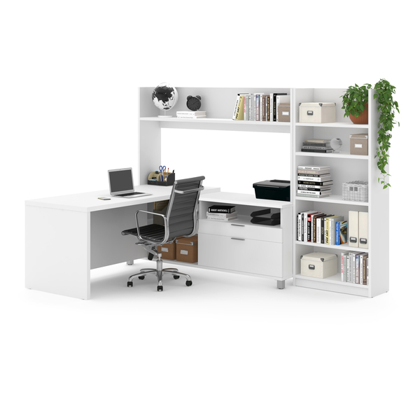 Bestar Pro-Linea L-Desk With Bookcase, White 120896-17