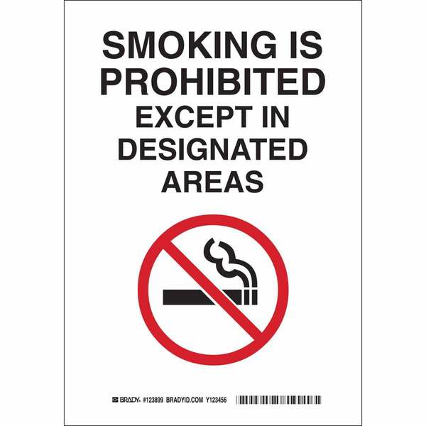 Brady No Smoking Sign, 14 in H, 10" W, Plastic, Rectangle, English, 123901 123901