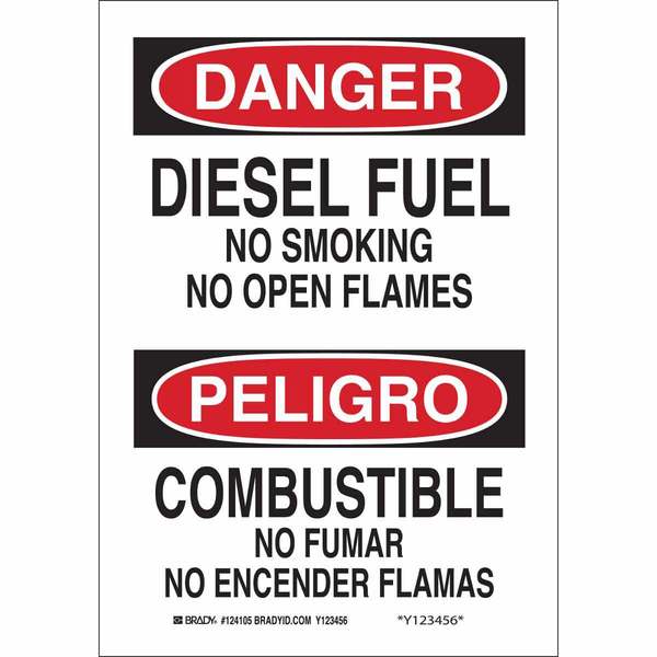 Brady Danger No Smoking Sign, 14 in H, 10" W, Polyester, Rectangle, English, Spanish, 124018 124018