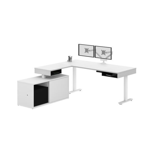 Bestar Pro-Vega Height Adjustable L-Desk, Dual Monitor Arm, White/Black 130851-000017