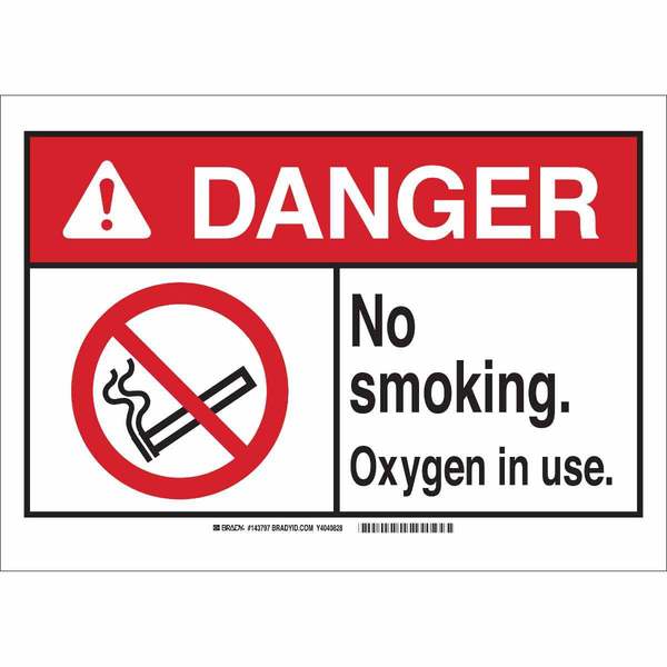 Brady Danger No Smoking Sign, 7" H, 10" W, Plastic, Rectangle, English, 143796 143796