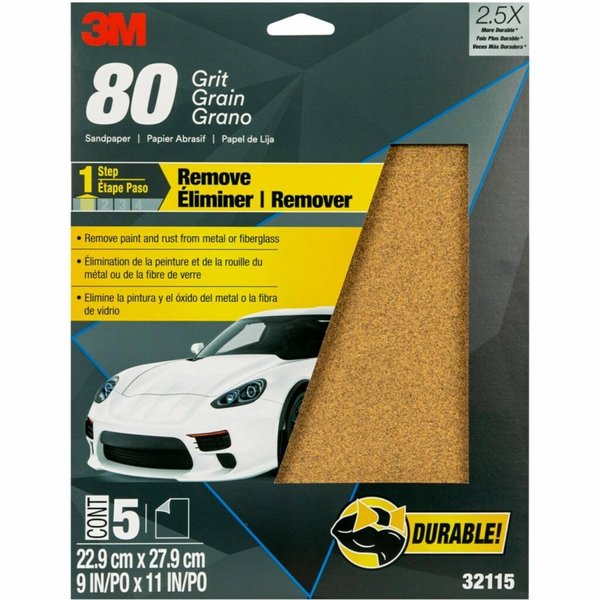 3M Sandpaper, 32115, 80grit, 9"x11", 10, PK100 32115