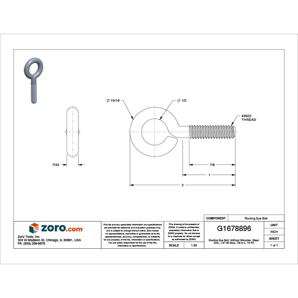Zoro Select Routing Eye Bolt Without Shoulder, 1/4