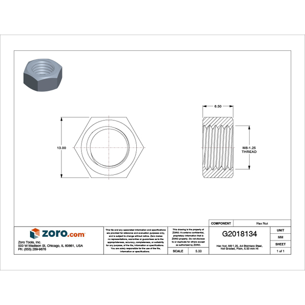 Zoro Select Heavy Hex Nut, 1-8, 316 Stainless Steel, Not Graded, Plain,  63/64 in Ht, 5 PK U55081.100.0001